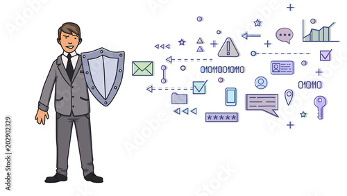 Man in business suit protecting himself with a shield from digital and network threats . Personal data protection. GDPR, RGPD. Concept vector illustration on white background. Flat style. Horizontal.
