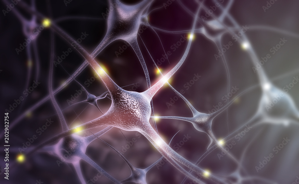 Fotografie Neuron cells on abstract blue background. 3d illustration