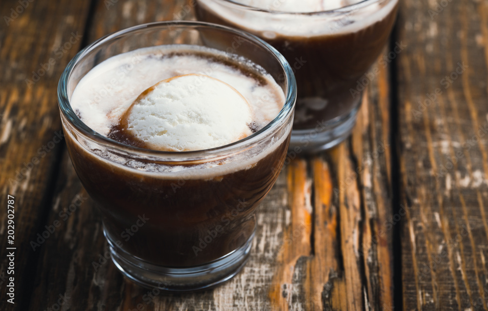 Cold brew coffee with ice cream in glasses Cold brew coffee with ice cream in glasses