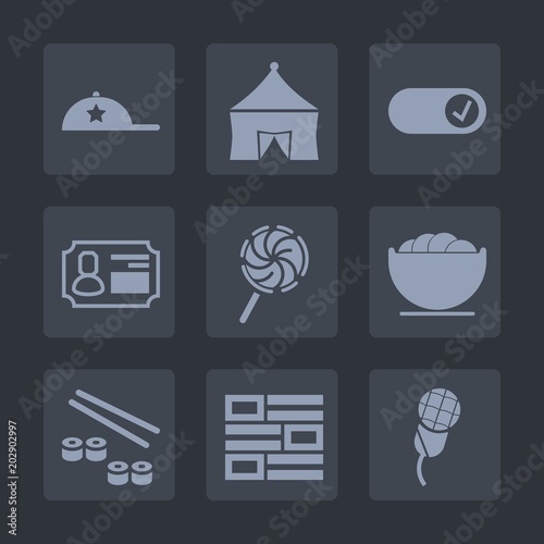 Premium set of fill icons. Such as stick, style, food, mic, clothing, fish, dessert, fun, news, recreation, headwear, empty, white, hat, music, festival, lollipop, japan, business, cap, id, colorful,