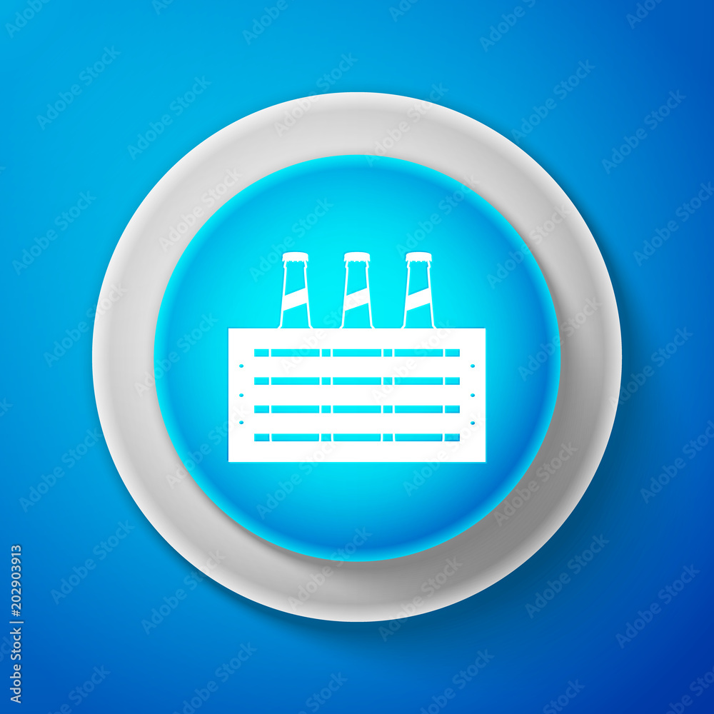 White Pack of beer bottles icon isolated on blue background. Case crate beer box sign. Circle blue button with white line. Vector Illustration White Pack of beer bottles icon isolated on blue background. Case crate beer box sign. Circle blue button with white line. Vector Illustration