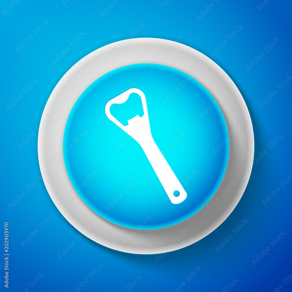 White Bottle opener icon isolated on blue background. Circle blue button with white line. Vector Illustration White Bottle opener icon isolated on blue background. Circle blue button with white line. Vector Illustration