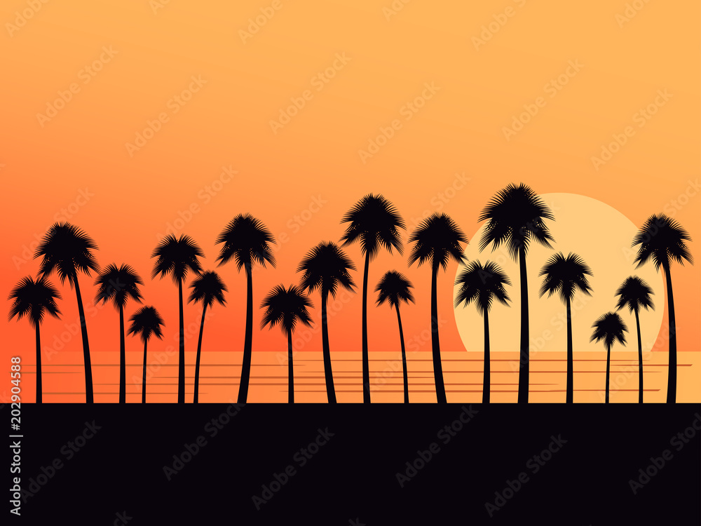Palm trees on a sunset background. Tropical landscape, beach vacation. Vector illustration