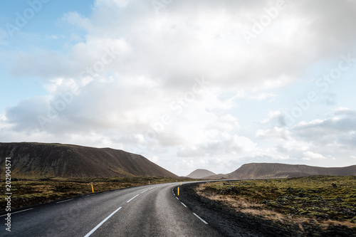 Road between fields on Atlantic South Coast in Iceland