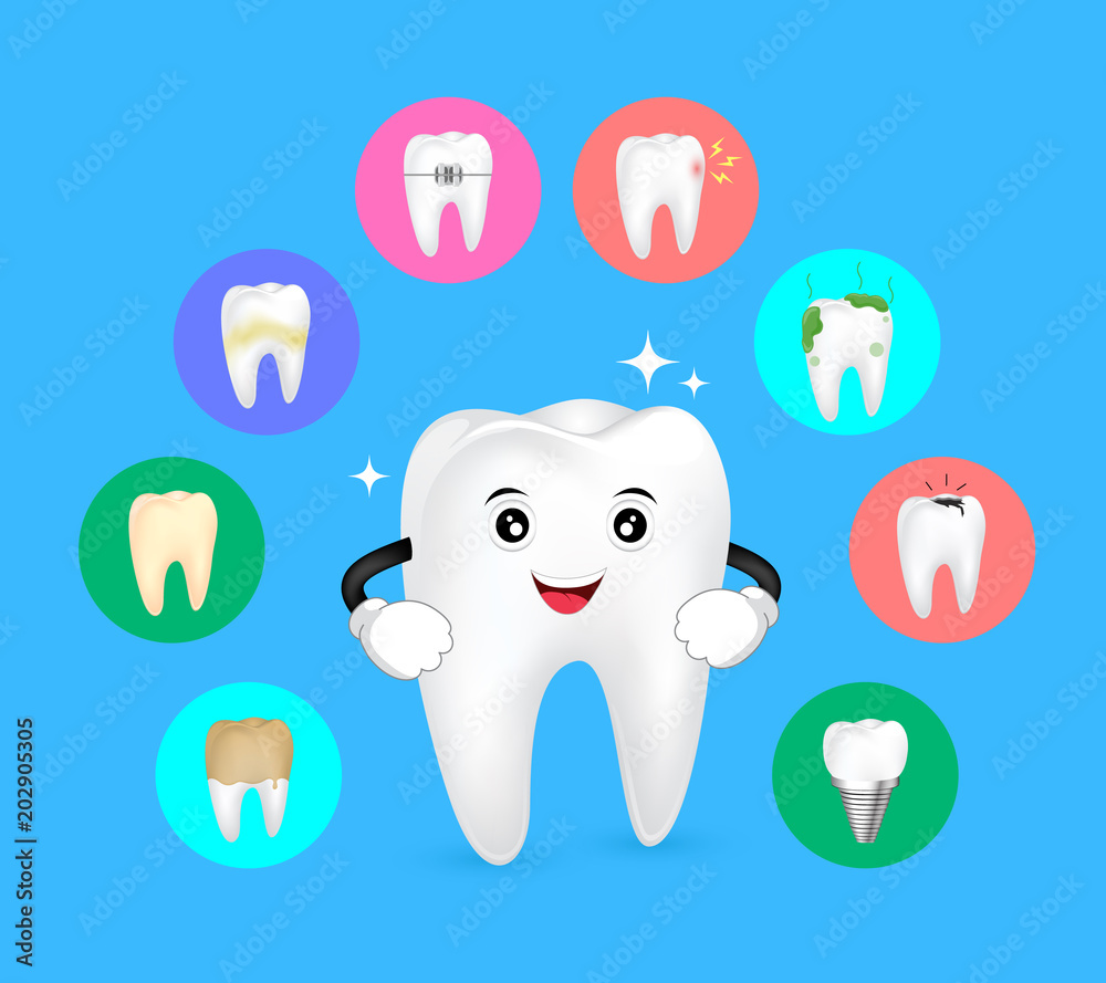 Healthy tooth with tooth problem set icons. Cute cartoon character, illustration isolated on blue background. Healthy tooth with tooth problem set icons. Cute cartoon character, illustration isolated on blue background.