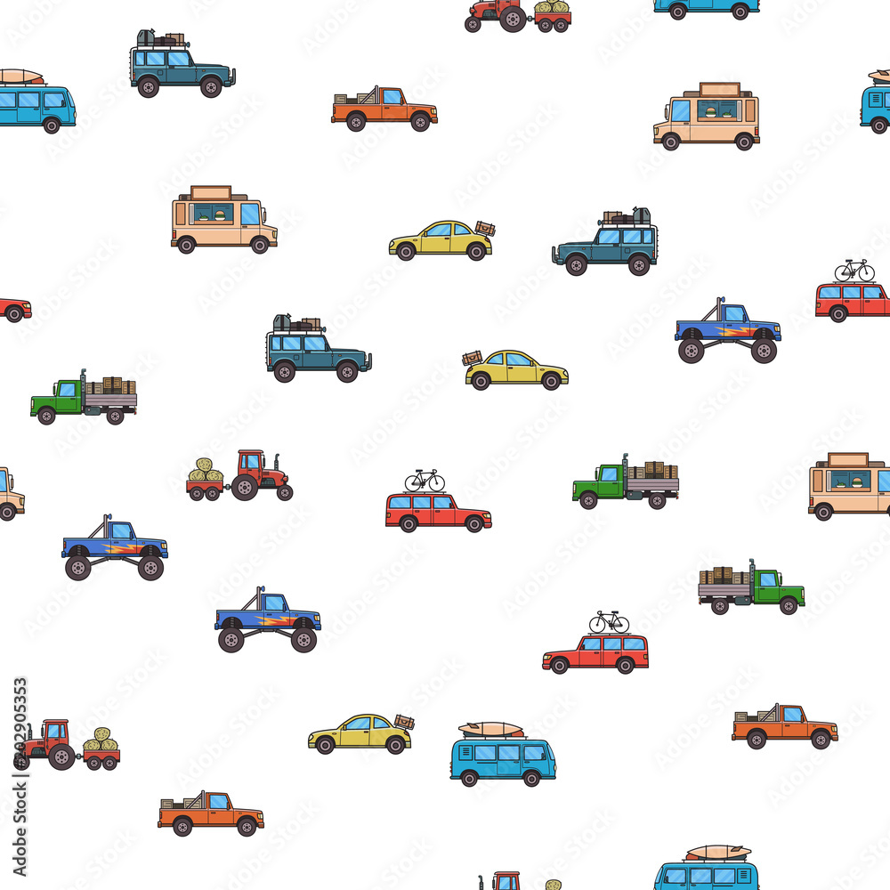 Fototapeta premium Colorful cars and trucks seamless pattern. White background. Vector illustration. Flat style.