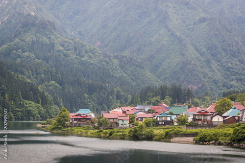 The surrounding mountains and the houses of the Oshi Shuraku village at Onuma District , Fukushima prefecture.