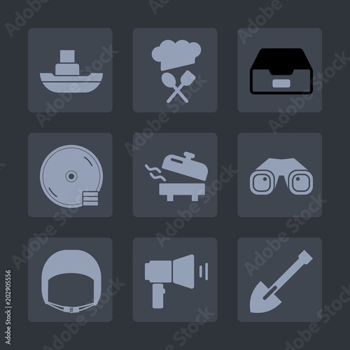 Premium set of fill icons. Such as sea, restaurant, data, head, shovel, industrial, disk, boat, information, kitchen, office, transport, transportation, business, file, helmet, storage, vessel, water