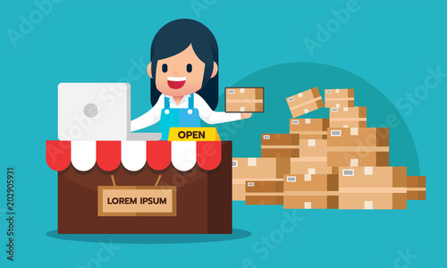 Happy girl check order from laptop. shopping online e-commerce store concept with paperbox package. Flat vector illustration.