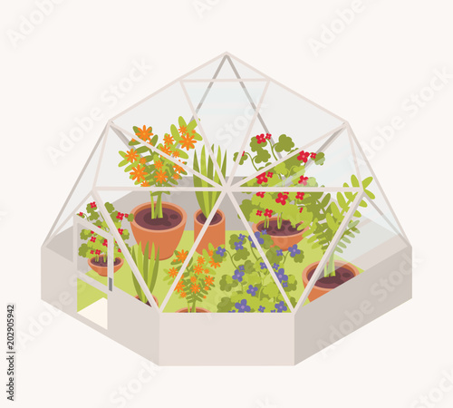 Blooming flowers and potted flowering plants growing inside glass dome greenhouse