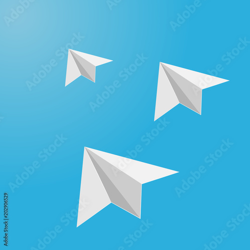 three paper airplanes made by hands on a blue background. vector