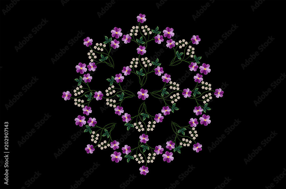 Black background with a oval pattern for embroidery satin stitch bouquet of purple violets and twigs with white flowers
Black background with a oval pattern for embroidery satin stitch bouquet of purple violets and twigs with white flowers