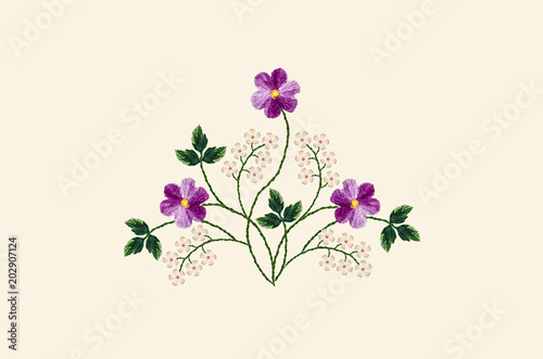 Light yellowish background with a pattern for embroidery satin stitch bouquet of purple violets and twigs with white flowers
