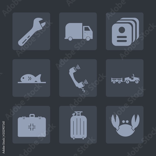 Premium set of fill icons. Such as work, bag, fish, luggage, transportation, repair, delivery, card, equipment, drink, meat, service, spanner, hammer, food, business, identification, web, name, wrench