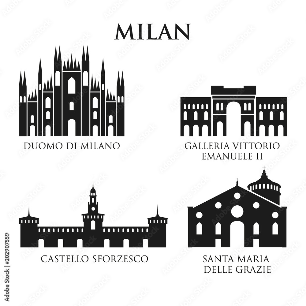 Naklejka premium Zestaw zabytków architektury Włoch, piktogram w czerni i bieli