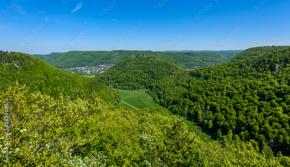 Hiking in beautiful landscape of Bad Urach, Swabian Alb, Baden-Wuerttemberg, Germany, Europe