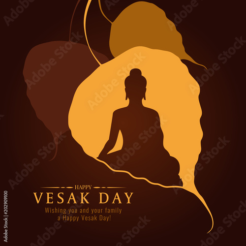 Vesak day banner card with Buddha sign in Bodhi leaf Tree vector design