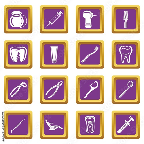 Dentist stomatologist icons set vector purple square isolated on white background 