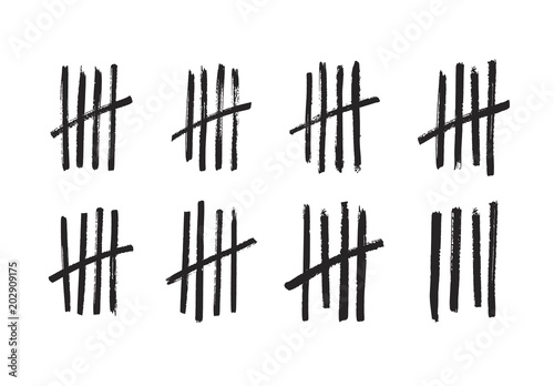 Lines or sticks hand drawn with brush strokes sorted by four and crossed out. Simple mathematical count visualization, prison or jail wall counter, tally marks. Monochrome vector illustration.