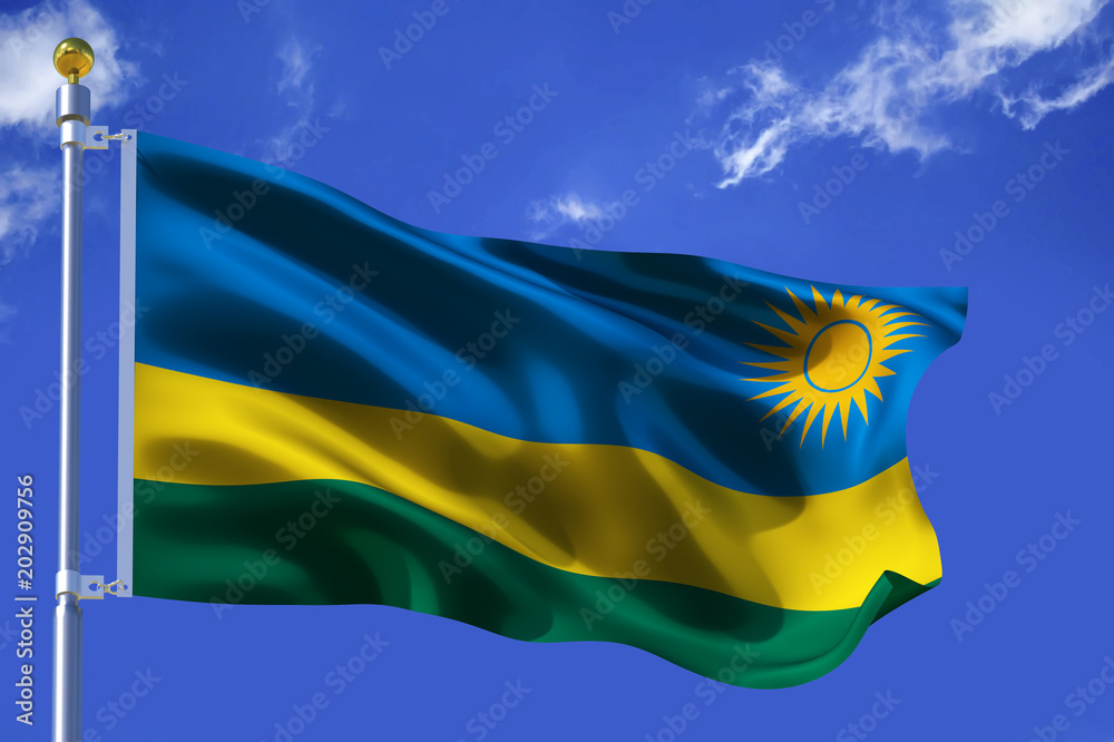 The silk waving flag of Rwanda with a flagpole on a blue sky background with clouds .3D illustration.. The silk waving flag of Rwanda with a flagpole on a blue sky background with clouds .3D illustration..