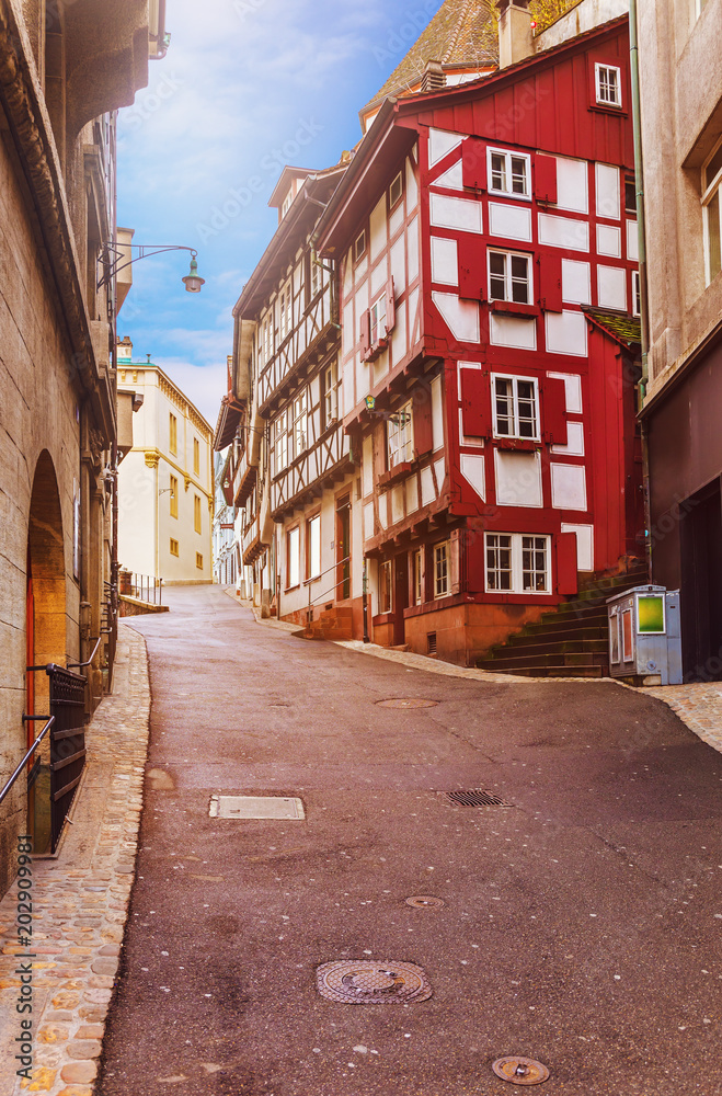 Street of historic Swiss town of Basel