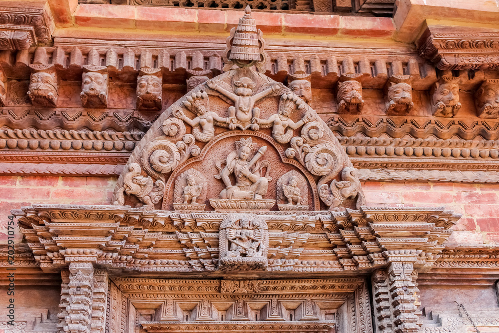 Details of wood carving on Hindu temple in Kathmandu, Nepal