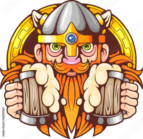 cartoon viking with beer in hands, funny illustration