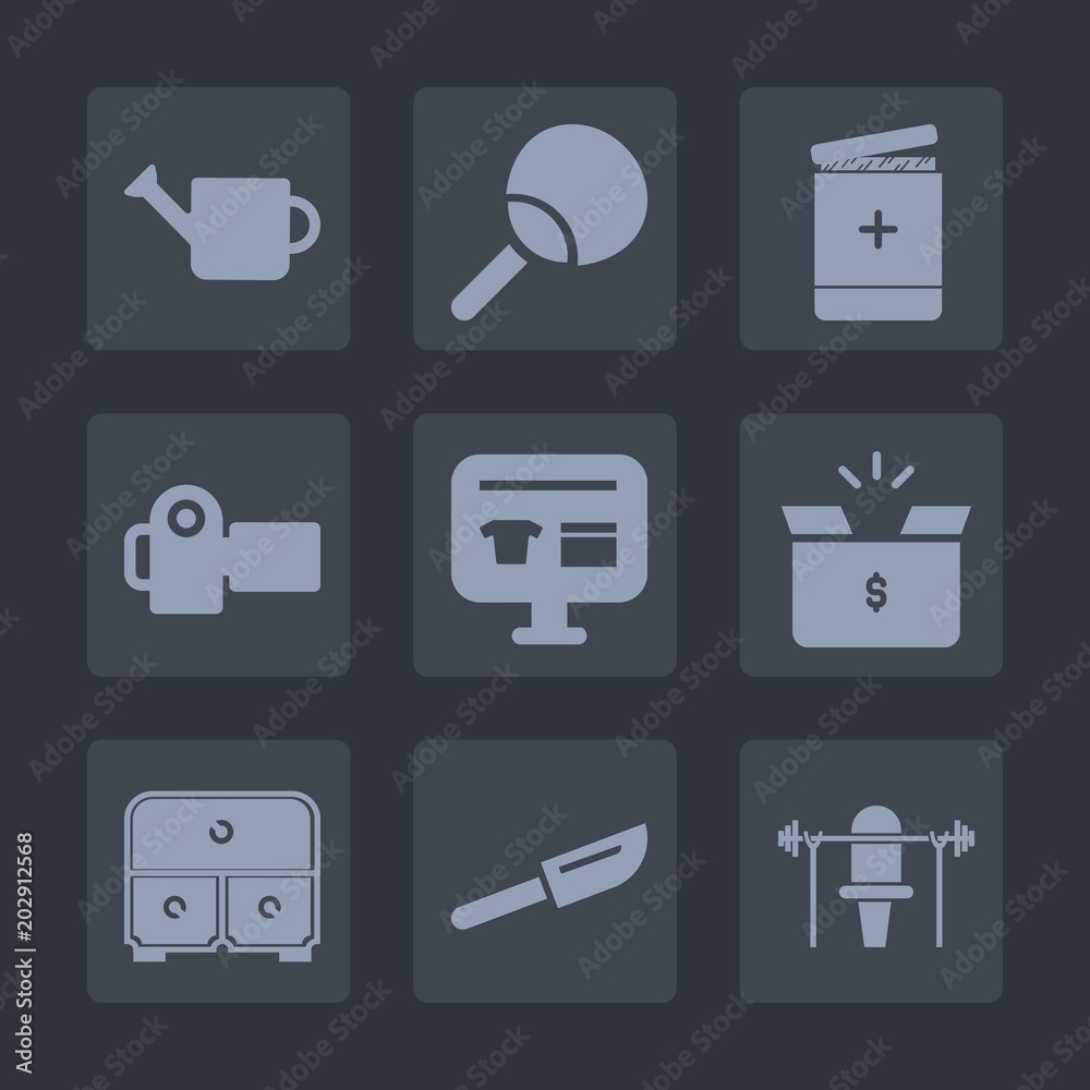 Premium set of fill icons. Such as leisure, hospital, ecommerce, weight, photography, fork, equipment, drawer, play, can, tennis, pack, water, ping, container, cutlery, camera, table, gardening, cart