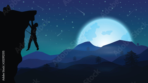 A man climbing mountain at night;night of full moon and star fall on sky;beautiful night landscape with pine silhouette background;fantasy background vector design