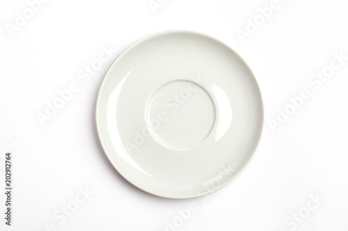 White saucer (plate) isolated on white background, top view.