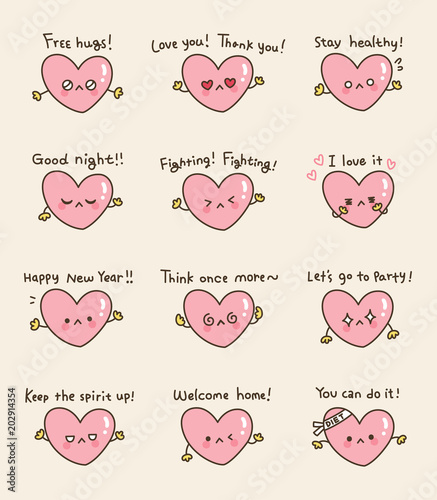 Set of Cute Heart Smiley Faces Doodle. Vector Illustration.