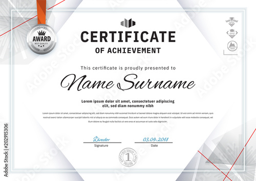 Official white certificate with grey triangle design elements. Business clean modern design