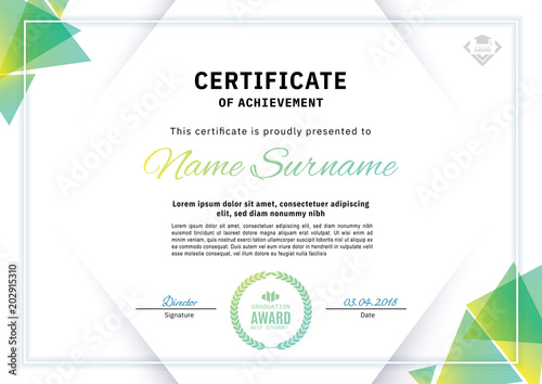 Official white certificate with green triangle design elements. Business clean modern design