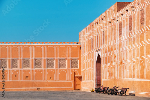 Jaipur city palace in Jaipur city, Rajasthan, India. An UNESCO world herritage know as beautiful pink color architectural elements. A famous destination in India.