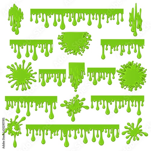 Green slime. Spots and streaks of goo sticky mucus vector illustration, spooky liquid mucilage paint drops isolated on white background