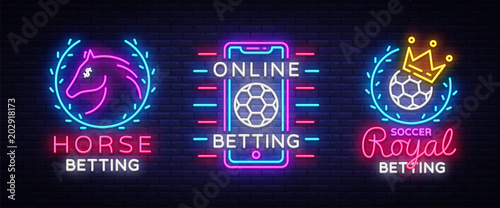 Betting Collection Logos in Neon Style. Set Neon signs Betting Sports, Horse, Soccer. Design Element. Betting Online, symbol, icon, emblem. Light banner, bright night advertising. Vector
