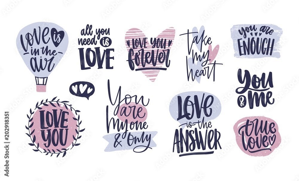 Bundle of trendy Valentine s day lettering handwritten with elegant cursive font. Romantic phrases, quotes decorated by hearts isolated on white background. Colorful modern vector illustration.