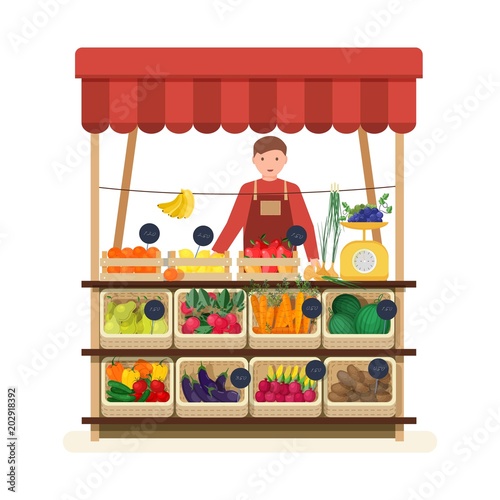 Man standing at counter of greengrocer's shop or marketplace and selling fruits and vegetables. Male seller at place for selling food products on local farmers' market. Flat vector illustration.
