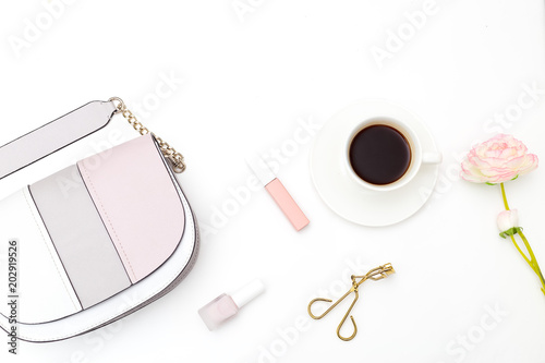Female accessories, make up on a white background. Coffee break