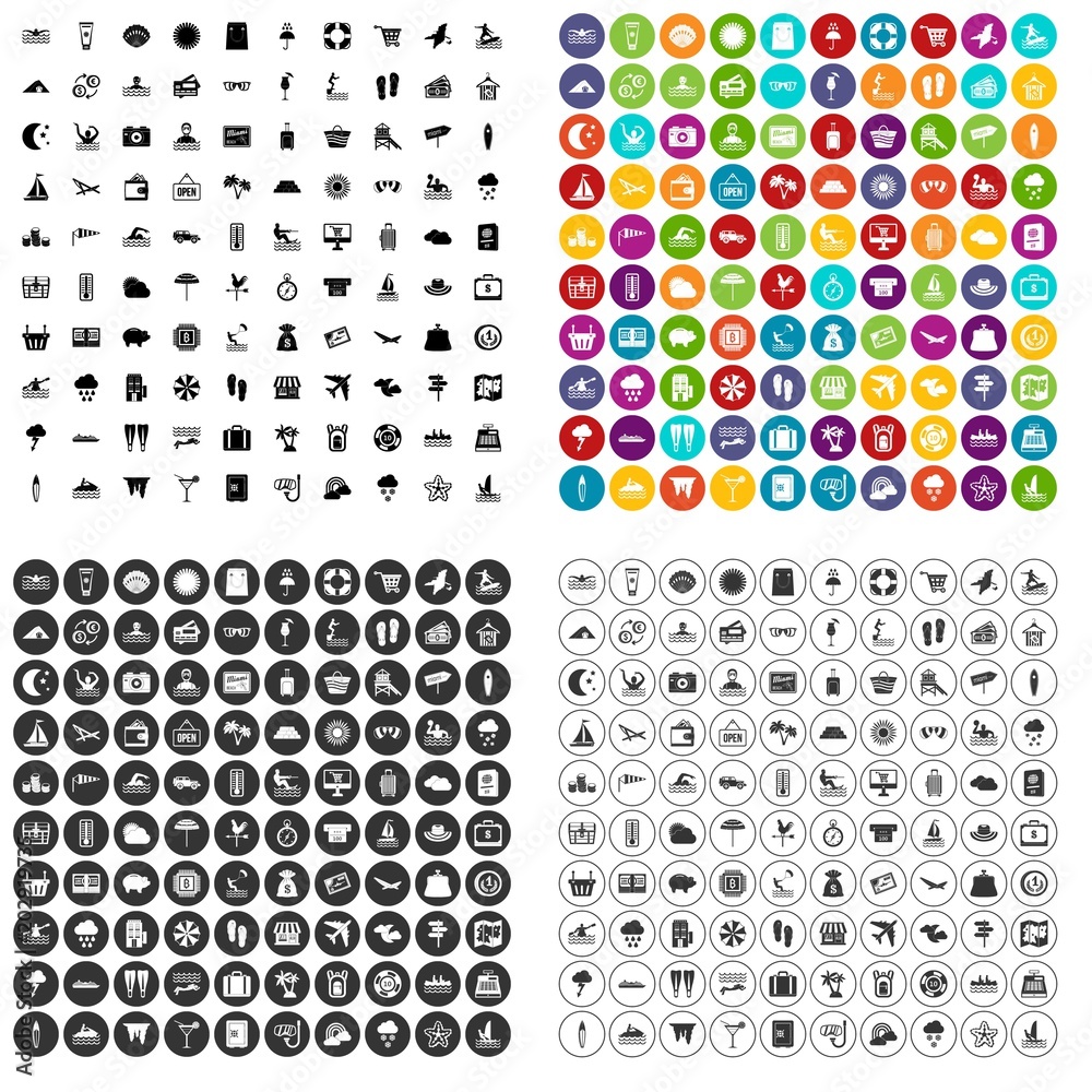100 seaside resort icons set vector in 4 variant for any web design isolated on white