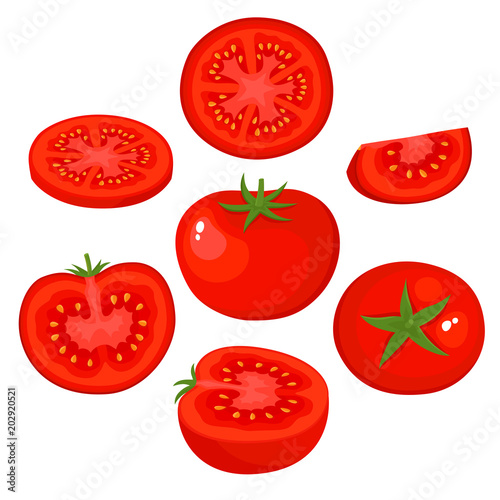 Bright vector set of fresh juice tomato isolated on white.