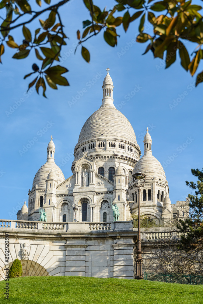 The bright white basilica of the Sacred Heart of Paris, situated at the top of the Montmartre hill, seen from the Louise Michel park by a sunny spring morning with foliage in the foreground.