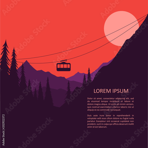 Mountain landscape illustration with cable car and forest. Travel and adventure concept.