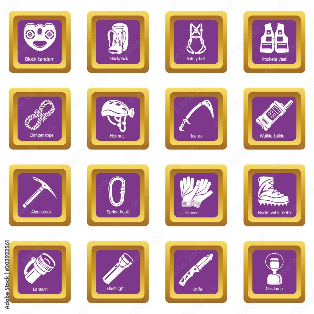 Speleology equipment icons set vector purple square isolated on white background 