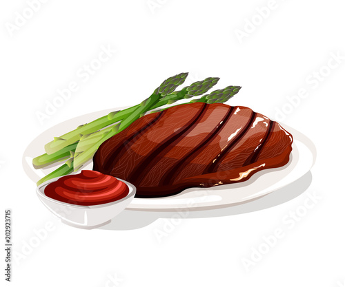 Plate of grilled beef steak with green asparagus and bbq sauce. Vector illustration