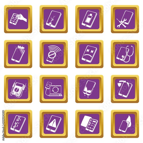 Repair phones fix icons set vector purple square isolated on white background 