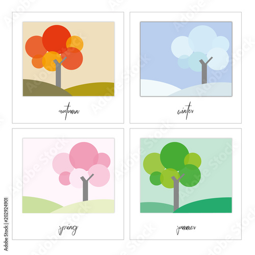 Four seasons of tree and landscape on polaroid frame