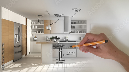 Architect interior designer concept: hand drawing a design interior project and writing notes, while the space becomes real, white wooden modern kitchen
