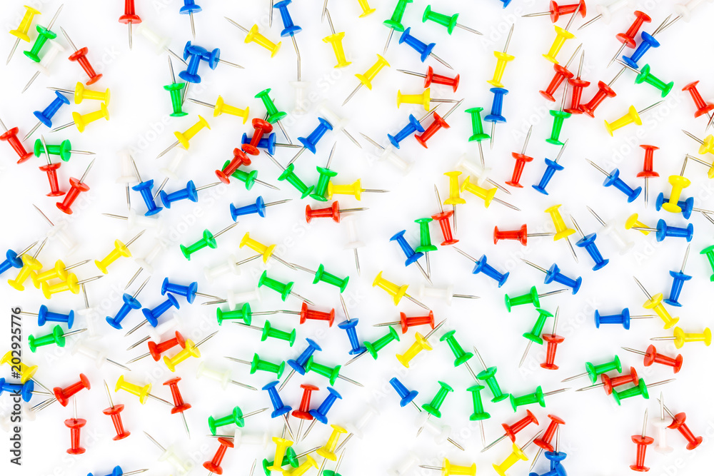 Set of push pins in different colors. frame of thumbtacks on white. Top view.Push pins isolated on white background. colourful push-pin thumbtack tools office on white background Set of push pins in different colors. frame of thumbtacks on white. Top view.Push pins isolated on white background. colourful push-pin thumbtack tools office on white background
