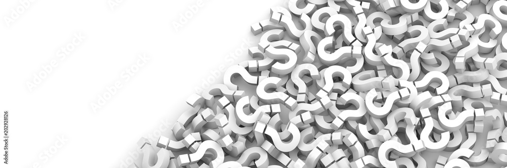 White question marks background with empty space on left side. 3D Rendering. White question marks background with empty space on left side. 3D Rendering.